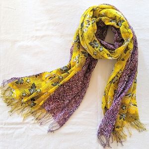 Floral Print Cotton Linen Scarf Wrap W Fringe